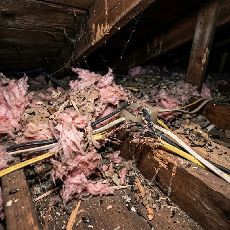 Contaminated ceiling insulation being assessed in a Chelsea roof space