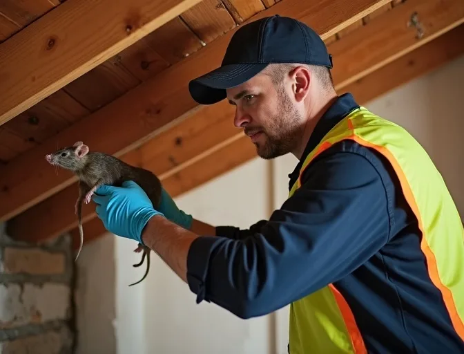 Technician inspecting a roof cavity for a dead rat in Chelsea